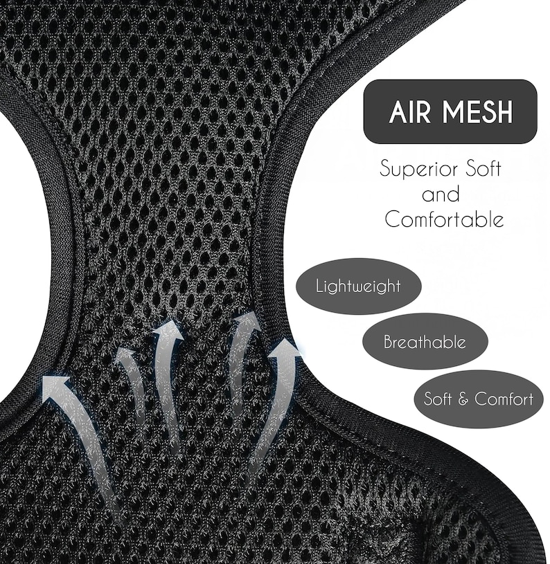Close-up of black mesh fabric with arrows pointing up, indicating breathability. Text reads "AIR MESH", "Superior Soft and Comfortable", "Lightweight", "Breathable", and "Soft & Comfort".