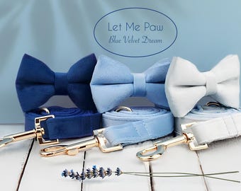 Set de Collar de Boda Personalizado para Perro Macho – Terciopelo Azul y Gris con Nombre Grabado, Corbata y Correa – Atuendo Elegante