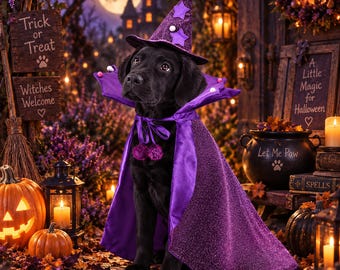Halloween Wizard Pet Costume – Black and Purple Cloak with Wizard Hat for Dogs and Cats