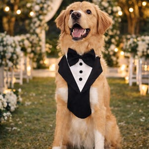 Golden retriever wearing a black tuxedo dog harness sitting at an outdoor evening wedding with string lights, candles, and floral arch. The formal dog outfit includes a bow tie and classic vest style design, perfect for weddings and special occasions.