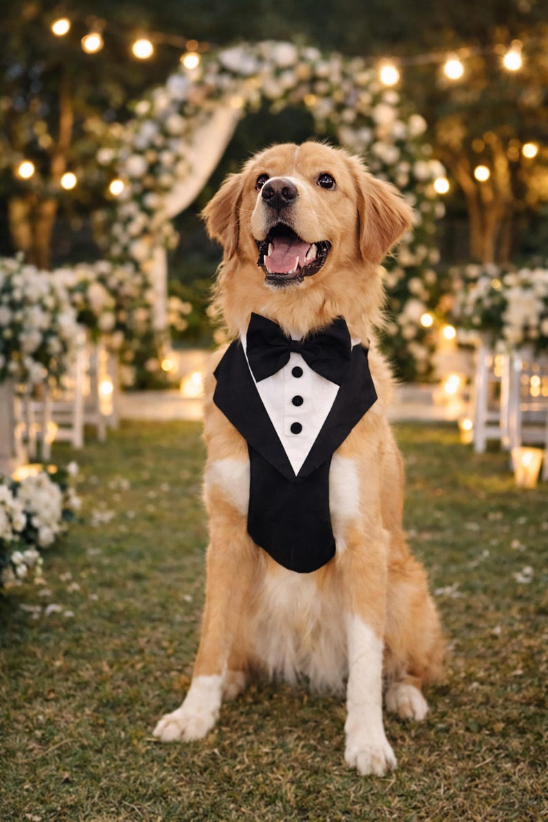 Golden retriever wearing a black tuxedo dog harness sitting at an outdoor evening wedding with string lights, candles, and floral arch. The formal dog outfit includes a bow tie and classic vest style design, perfect for weddings and special occasions.