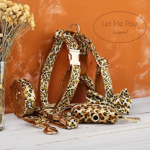 Pode incluir: Um arnês, uma trela, uma gravata borboleta e um porta-sacos para cães com estampa de leopardo. O conjunto é feito de um material macio e aveludado e apresenta ferragens douradas. O texto "Let Me Paw Leopard" está impresso no fundo.