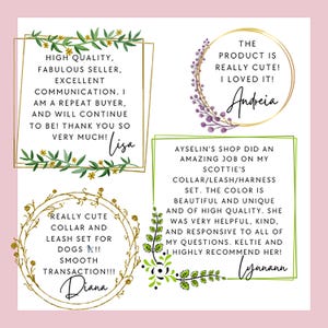 May include: A light pink background with four framed customer reviews. The reviews are in black script and surrounded by gold and green floral designs. The reviews praise the product's quality and the seller's communication.