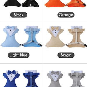 Dog tuxedo harness set shown in multiple colors including black, orange, light blue, beige, royal blue, and gray, with front and back views. Formal dog outfit with bow tie and vest design, perfect for weddings and special occasions.