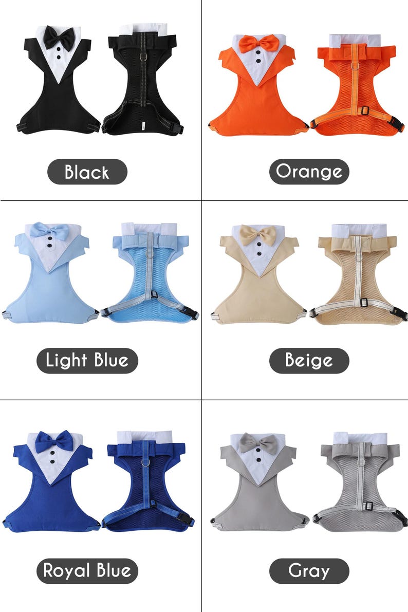 Dog tuxedo harness set shown in multiple colors including black, orange, light blue, beige, royal blue, and gray, with front and back views. Formal dog outfit with bow tie and vest design, perfect for weddings and special occasions.