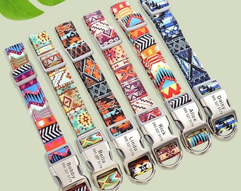 Gepersonaliseerde kleurrijke hondenhalsband met print en naam gegraveerd, aangepaste tribal nylon halsband voor kleine, middelgrote en grote honden met naamgesp