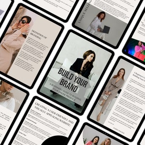 May include: A collection of digital tablets displaying various pages of a guide titled "Build Your Brand: A Beginner's Guide to Building Your Online Presence". The guide covers topics such as branding, website creation, and unique selling propositions.
