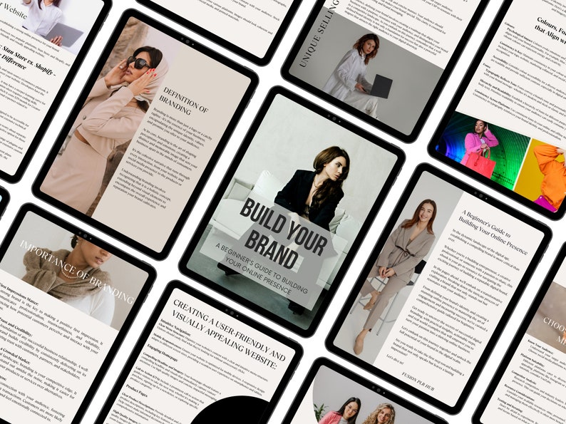 May include: A collection of digital tablets displaying various pages of a guide titled "Build Your Brand: A Beginner's Guide to Building Your Online Presence". The guide covers topics such as branding, website creation, and unique selling propositions.