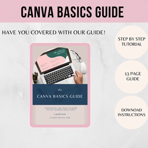 May include: A pink and white digital guide titled "The Canva Basics Guide" with the text "Everything you need to know to get started with Canva" and "a guide from Fusion Digital Hub". The guide is displayed on a laptop screen with a hand hovering over the mouse. The image also includes a white circle with the text "13 Page Guide" and another white circle with the text "Download Instructions".