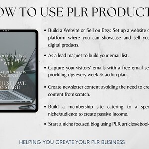 May include: A digital illustration of a laptop computer with the text "All you need is a phone, laptop & WIFI. No experience is required. You just have to start!"  The image is accompanied by a list of ways to use PLR products, including building a website, creating a lead magnet, capturing emails, creating newsletter content, building a membership site, and starting a niche blog.