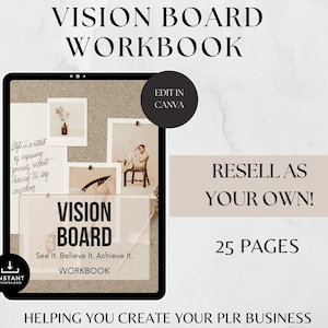 vision board workbook with resell rights. 25 page canva ebook