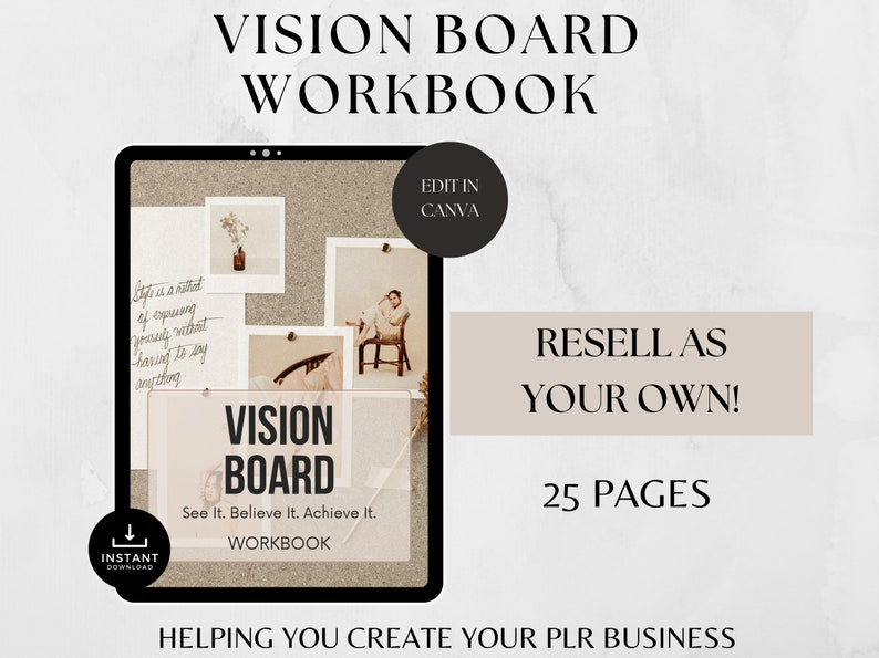vision board workbook with resell rights. 25 page canva ebook