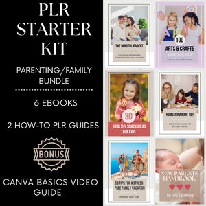 May include: A digital product bundle for parents and families. The bundle includes 6 ebooks, 2 how-to guides, and a Canva basics video guide. The ebooks cover topics such as mindful parenting, arts and crafts, healthy snack ideas, homeschooling, and family vacations. The bundle also includes a bonus guide for new parents.