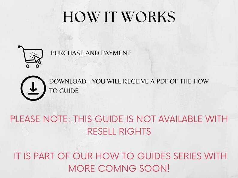 May include: A white background with black text explaining how to purchase and download a guide. The text reads "HOW IT WORKS", "PURCHASE AND PAYMENT", "DOWNLOAD - YOU WILL RECEIVE A PDF OF THE HOW TO GUIDE", "PLEASE NOTE: THIS GUIDE IS NOT AVAILABLE WITH RESELL RIGHTS", and "IT IS PART OF OUR HOW TO GUIDES SERIES WITH MORE COMING SOON!"