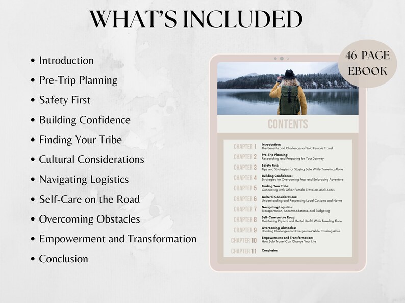 May include: A 46-page ebook titled "What's Included" with a list of chapters covering topics like pre-trip planning, safety, building confidence, finding your tribe, cultural considerations, navigating logistics, self-care on the road, overcoming obstacles, empowerment and transformation, and conclusion. The ebook cover features a woman with a backpack standing on a path overlooking a lake.
