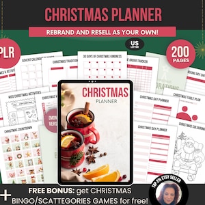May include: A digital Christmas Planner with the title in red, includes 200 pages of printable templates. The image shows a tablet displaying the planner, surrounded by various pages and the text "Rebrand and Resell as Your Own!"