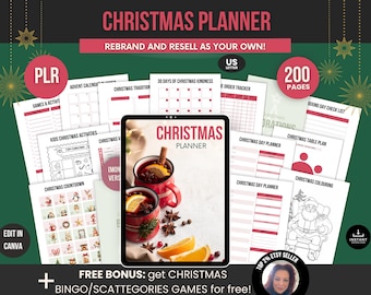 Christmas Planner & Holiday Organizer PLR Bundle, Budgeting Gift List Menu Planner Xmas Games Canva