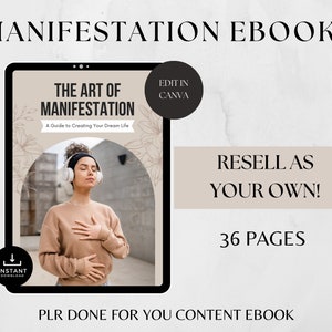 Könnte beinhalten: Ein digitales E-Book-Cover mit einer Frau, die in einem braunen Pullover und weißen Kopfhörern meditiert. Das Cover trägt den Titel "Die Kunst der Manifestation: Ein Leitfaden zur Gestaltung deines Traumlebens". Das E-Book umfasst 36 Seiten und steht zum sofortigen Download bereit. Das Cover ist für die Bearbeitung in Canva konzipiert und kann als eigenes verkauft werden.