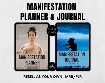 Puede incluir: Dos pantallas de tableta digital que muestran un planificador y un diario de manifestación. La pantalla del planificador muestra a una mujer con auriculares meditando y el texto "Manifestation Planner Ask Believe Receive". La pantalla del diario muestra una silueta de una mujer con los brazos extendidos contra un cielo azul y el texto "Manifestation Journal Live Your Dream Life". Ambas pantallas tienen el texto "Edit in Canva" y "Instant Download".