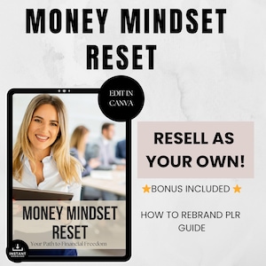 Op de afbeelding: Afbeelding van een digitaal product met de tekst "MONEY MINDSET RESET" en "Your Path to Financial Freedom". De afbeelding bevat een lachende vrouw die een tablet vasthoudt. Extra tekst luidt "RESELL AS YOUR OWN!" en "HOW TO REBRAND PLR GUIDE".