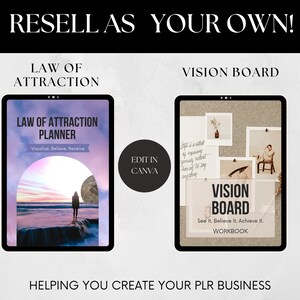 May include: Two digital planner covers, one with a pink and purple sunset scene and the text "Law of Attraction Planner" and the other with a corkboard background and the text "Vision Board". Both covers have the text "Edit in Canva" and "Instant Download".