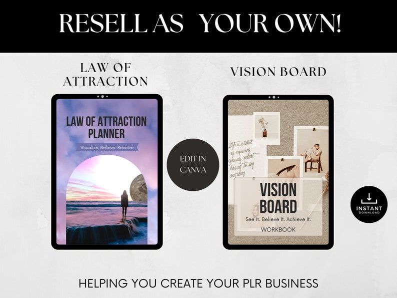 May include: Two digital planner covers, one with a pink and purple sunset scene and the text "Law of Attraction Planner" and the other with a corkboard background and the text "Vision Board". Both covers have the text "Edit in Canva" and "Instant Download".