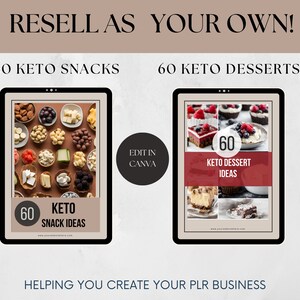 May include: Two digital tablet mockups with a white background. The tablets display images of keto snacks and desserts. The text on the tablets reads "60 Keto Snack Ideas" and "60 Keto Dessert Ideas". The text "Edit in Canva" and "Instant Download" are also visible.
