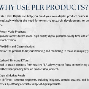 May include: A digital graphic with the text "WHY USE PLR PRODUCTS?" and bullet points explaining the benefits of Private Label Rights, including ready-made products, customization, reduced effort, and market reach.