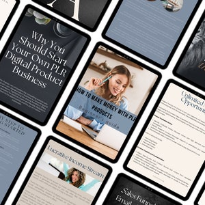 May include: A collection of digital product marketing guides on tablets with a black and white color scheme. The guides cover topics such as starting a digital product business, making money with PLR products, and unlimited niche opportunities. The text on the guides is in white and the background is black.