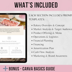 May include: A pink and white digital document with the text "WHAT'S INCLUDED" in a large, bold font. The document lists the contents of a bakery business plan, including sections on bakery overview, market analysis, product offering, operations, financial planning, financing, amortization plan, cash flow analysis, and marketing. The document also includes a bonus Canva basics guide.