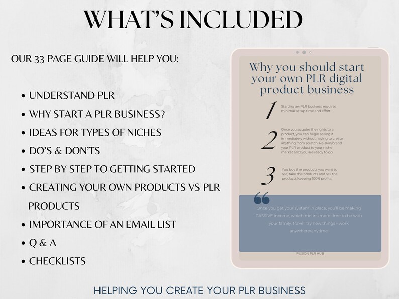 May include: A digital guide with the title "What's Included" and a list of topics related to starting a PLR business. The guide includes information on understanding PLR, why to start a PLR business, ideas for niches, do's and don'ts, step-by-step instructions for getting started, creating your own products vs. PLR products, the importance of an email list, Q&A, and checklists.