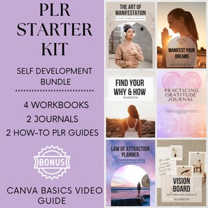 Pode incluir: Um gráfico roxo e branco com o texto "PLR Starter Kit" e "Self Development Bundle". O gráfico lista o conteúdo do kit: 4 cadernos de exercícios, 2 diários, 2 guias práticas de PLR e um guia de vídeo Canva Basics. O gráfico também inclui imagens dos cadernos de exercícios e dos diários, que apresentam uma variedade de tópicos de autoajuda, incluindo manifestação, gratidão e quadros de visão.