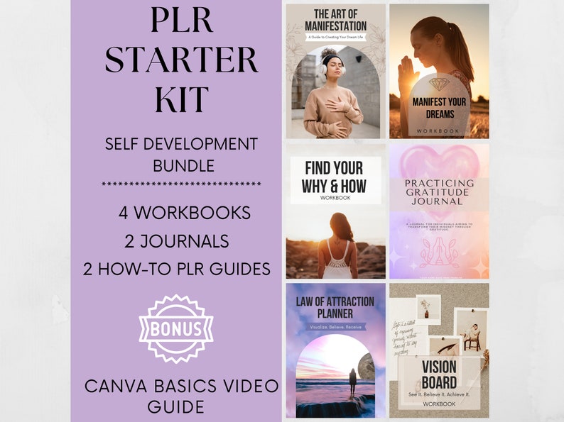 self development plr start kit. bundle of 4 workbooks,2journals. 2 how to plr guides. canva video basics guide