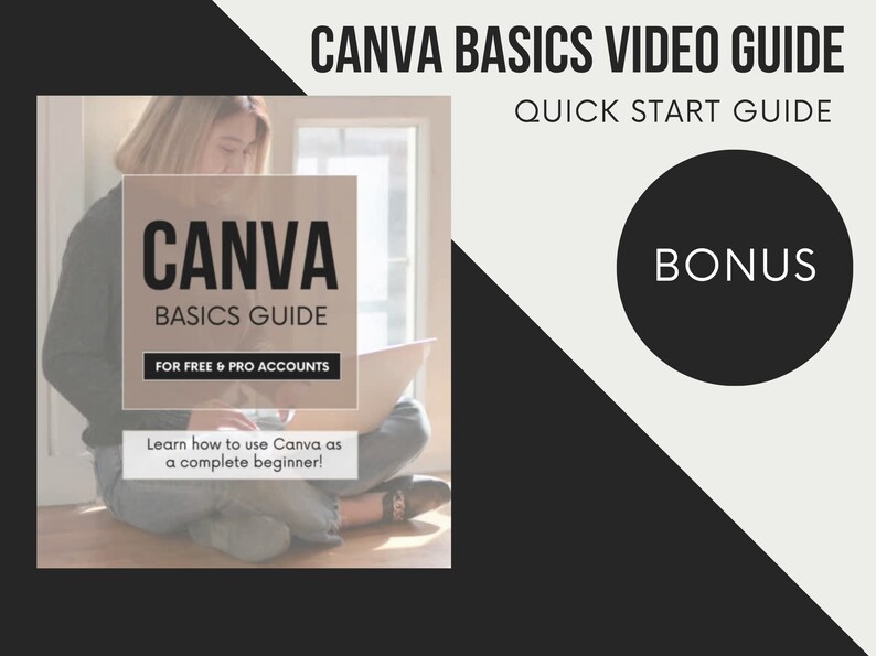 May include: A woman sits on the floor in front of a window, using a laptop computer. The text on the screen reads "CANVA BASICS VIDEO GUIDE QUICK START GUIDE BONUS FOR FREE & PRO ACCOUNTS Learn how to use Canva as a complete beginner!"