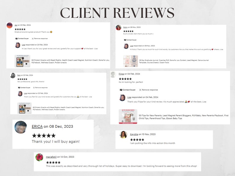 May include: Screenshots of customer reviews for digital products. The reviews are positive and include five-star ratings. The products are digital downloads for lead magnets, planners, and other digital products.