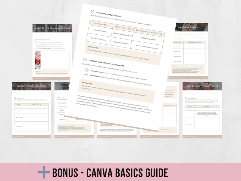 May include: A set of printable worksheets for a bakery business plan. The worksheets include sections for marketing and brand awareness, product offerings, customer loyalty programs, feedback and continuous improvement, cash flow analysis, and bakery overview and concept.