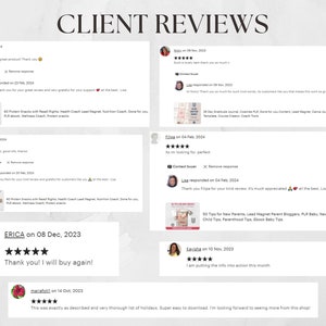 May include: Screenshots of customer reviews for digital products. The reviews are positive and include five-star ratings. The products are digital downloads for lead magnets, planners, and other digital products.