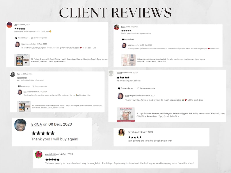 May include: Screenshots of customer reviews for digital products. The reviews are positive and include five-star ratings. The products are digital downloads for lead magnets, planners, and other digital products.