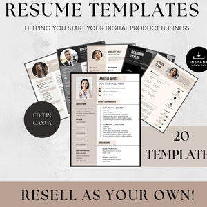 Op de afbeelding: Een verzameling van 20 cv-sjablonen in zwart-wit met beige accenten. De sjablonen zijn ontworpen om te worden bewerkt in Canva en kunnen worden doorverkocht. De tekst "RESUME TEMPLATES" staat bovenaan de afbeelding. De tekst "EDIT IN CANVA" staat in een cirkel linksonder. De tekst "20 TEMPLATES" staat in een beige rechthoek rechtsonder. De tekst "RESELL AS YOUR OWN!" staat onderaan de afbeelding.