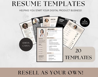 20 modelli di curriculum Canva con diritti di rivendita privata, curriculum PLR, contenuti Done For You, rivendita come se stessi, modificabili Canva, Career Coaches
