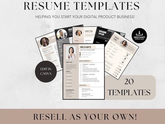 20 Canva Resume Templates with Resell Rights, PLR Resumes (A4)