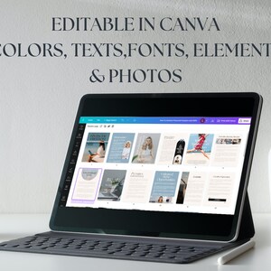 May include: A tablet with a keyboard displays a digital document with the text "EDITABLE IN CANVA COLORS, TEXTS, FONTS, ELEMENTS & PHOTOS." The document features various layouts with images and text. A white ceramic vase and a mug are on the table.