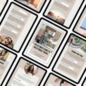 May include: A digital guide for solo female travel with tips on safety, confidence, and empowerment. The guide is divided into sections with titles like "Building Confidence", "Safety First", "Finding Your Tribe", and "The Ultimate Guide to Solo Female Travel".