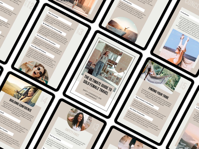 May include: A digital guide for solo female travel with tips on safety, confidence, and empowerment. The guide is divided into sections with titles like "Building Confidence", "Safety First", "Finding Your Tribe", and "The Ultimate Guide to Solo Female Travel".