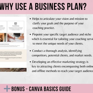 May include: A pink and white graphic with the text "WHY USE A BUSINESS PLAN?" and a list of bullet points describing the benefits of creating a business plan. The graphic also includes a bonus Canva Basics Guide.