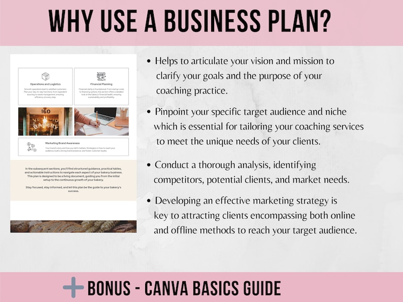 May include: A pink and white graphic with the text "WHY USE A BUSINESS PLAN?" and a list of bullet points describing the benefits of creating a business plan. The graphic also includes a bonus Canva Basics Guide.