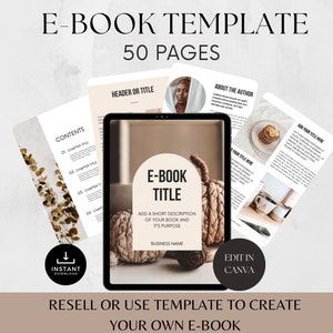 Puede incluir: Una tableta digital que muestra una maqueta de una plantilla de libro electrónico con una calabaza y lana en la portada. El texto en la pantalla dice "Título del libro electrónico" y "Añadir una breve descripción de su libro y su propósito". El texto en la pantalla de la tableta también incluye "Nombre de la empresa". El texto en la página dice "Plantilla de libro electrónico 50 páginas".