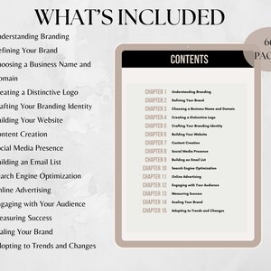 May include: A beige and white graphic with the text "What's Included" and "Contents" in black. The graphic lists 15 chapters of a branding guide, including topics like understanding branding, defining your brand, creating a distinctive logo, building your website, and engaging with your audience. The graphic also states that the guide contains 66 pages.
