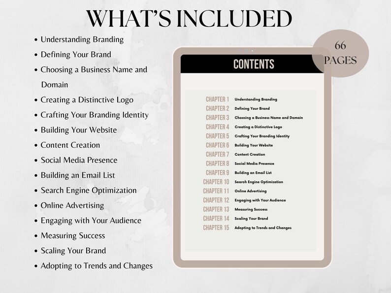May include: A beige and white graphic with the text "What's Included" and "Contents" in black. The graphic lists 15 chapters of a branding guide, including topics like understanding branding, defining your brand, creating a distinctive logo, building your website, and engaging with your audience. The graphic also states that the guide contains 66 pages.