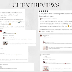 May include: Screenshots of five customer reviews for a digital product. Each review includes a five-star rating, a comment from the customer, a response from the seller, and the name of the product purchased. The reviews are positive and highlight the quality of the product and the seller's responsiveness.